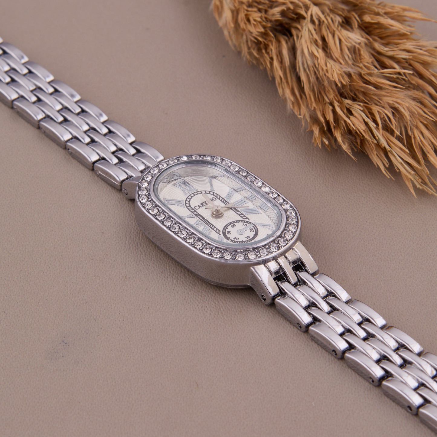 Silver-Tone Crystal-Accented Oval Dial Watch with Roman Numerals for Women