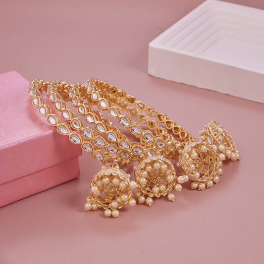 Gold Plated Pear Shape Kundan Jhumkha Bangle Set (Set of 4)