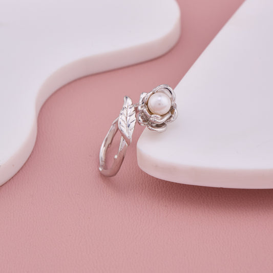 Silver Rose Pearl Ring
