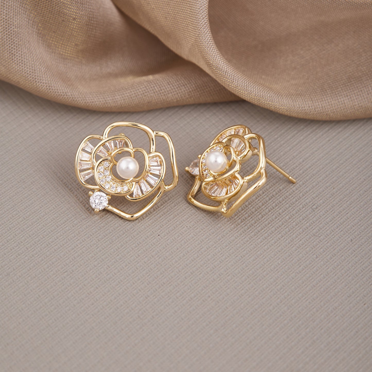 Golden Grace Earrings with Diamonds & Pearls