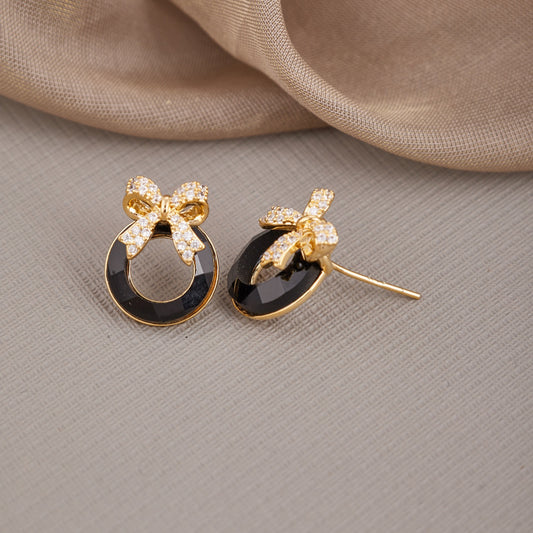 Elegant Black Stone Bow Earrings