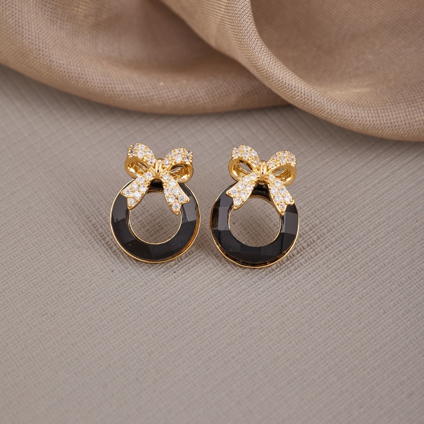 Elegant Black Stone Bow Earrings