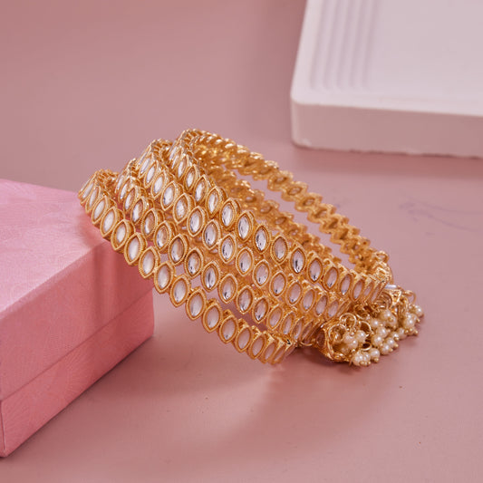 Gold-Plated Tilak Shape Kundan Jhumki Bangle Set (Set of 4)
