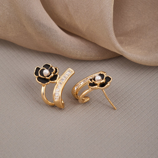 Gold Earrings with Black & White Floral Design