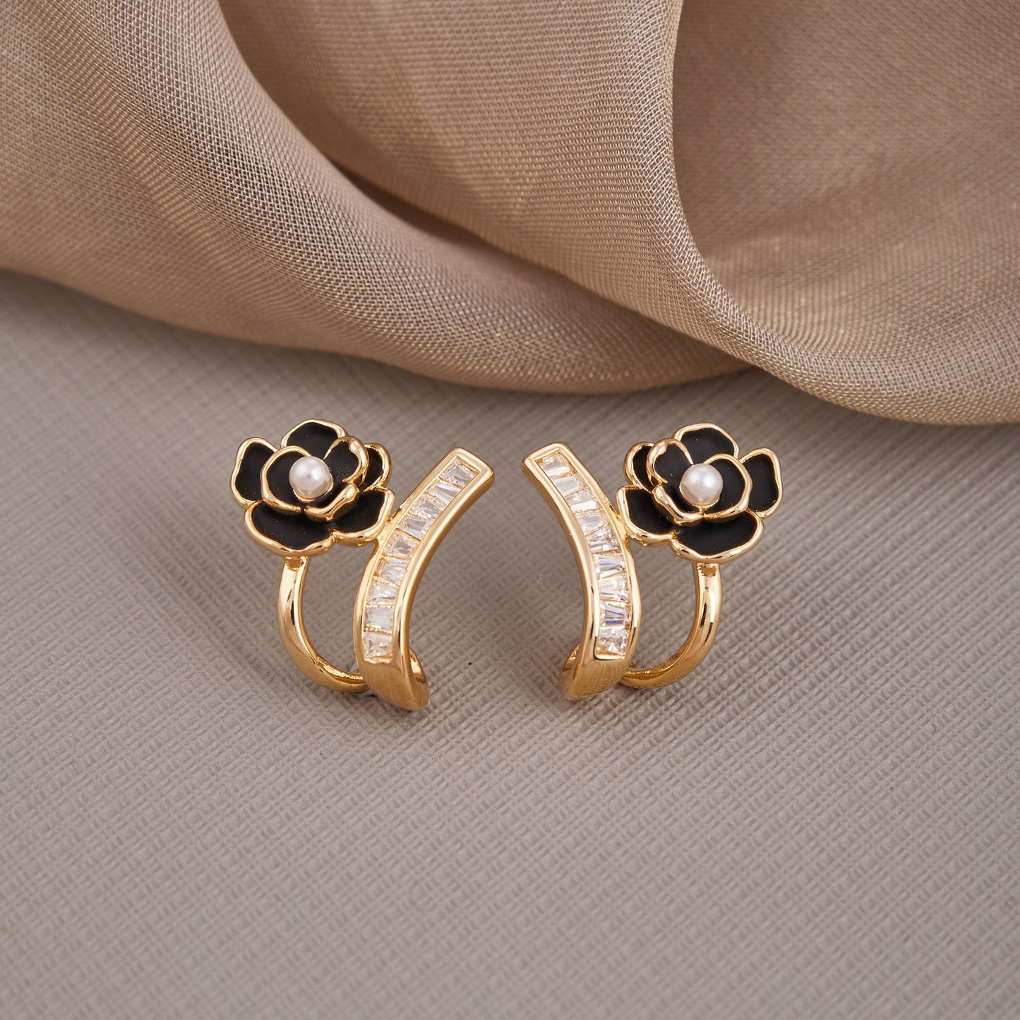 Gold Earrings with Black & White Floral Design