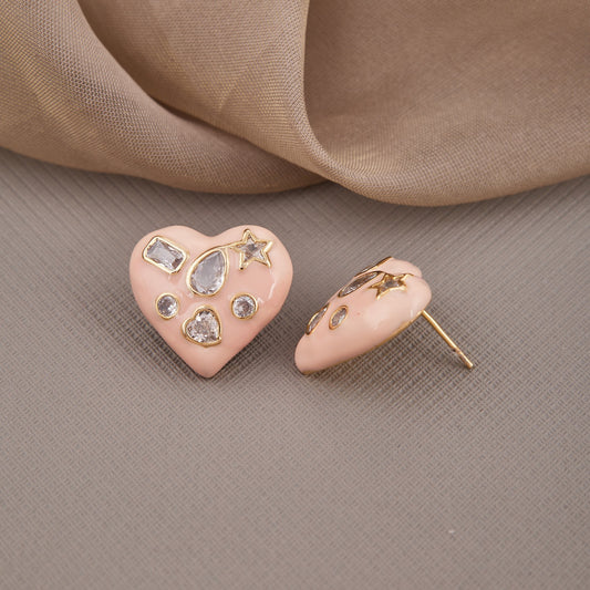 Pink Heart Earrings with Diamonds and Star Accents
