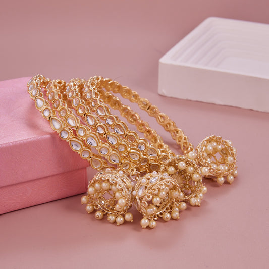 Gold-Plated Round & Pear Shapes Kundan Jhumki Bangle Set (Set of 4)