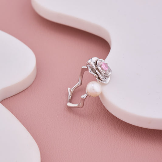 Silver Rose Ring with Pink Gem & Pearl