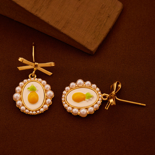 Pineapple Pearl Drop Earrings with Bow Accent