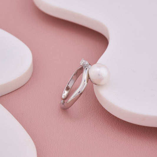 Silver Pearl Ring with Crystal Accent