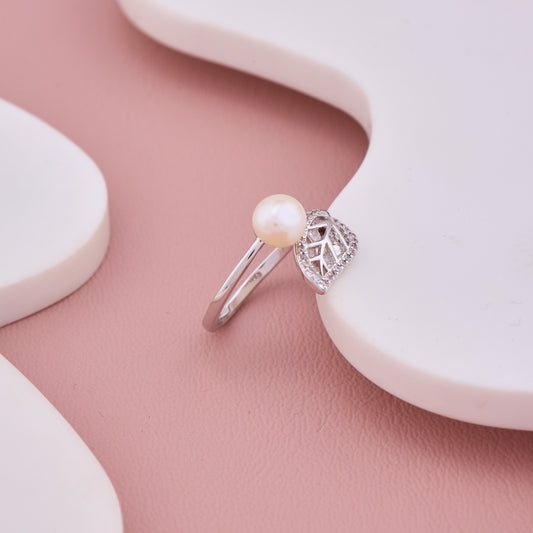 Pearl and Crystal Leaf Silver Ring