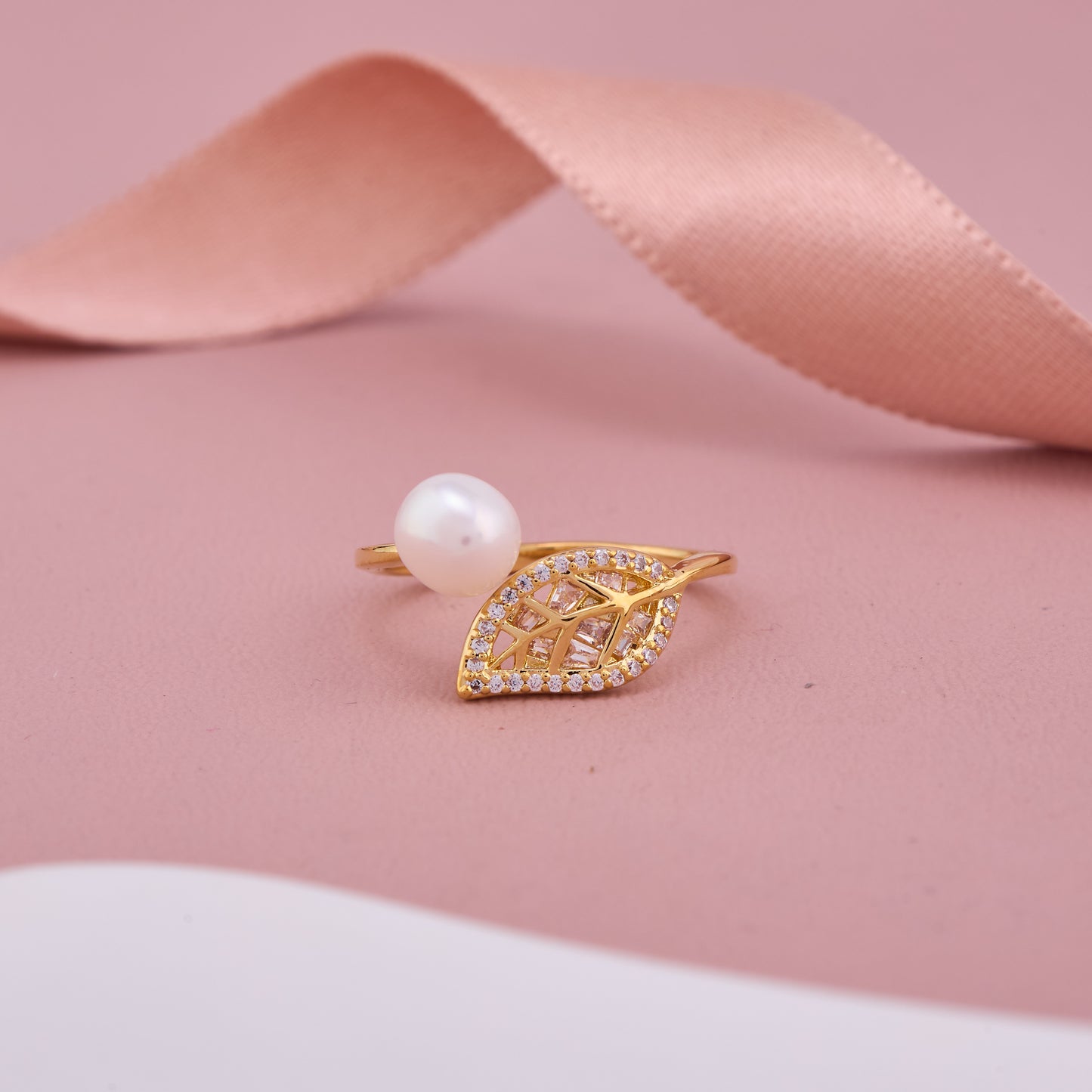 Gold Pearl and Crystal Leaf Ring