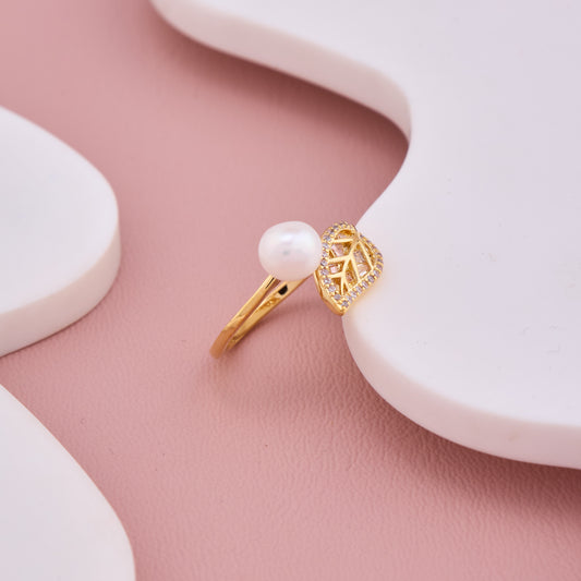 Gold Pearl and Crystal Leaf Ring