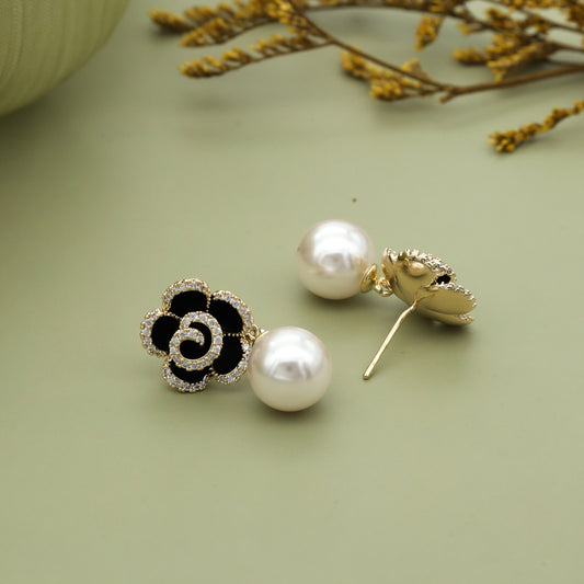 Black Rose Pearl Drop Earrings