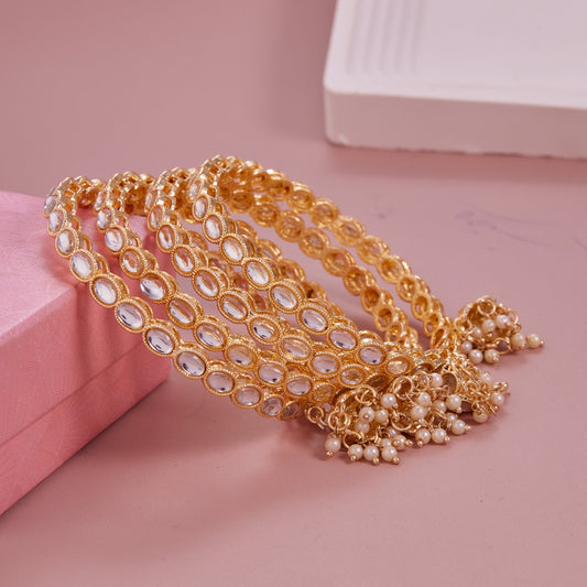 Gold-Plated Oval Shape Kundan Jhumki Bangle Set (Set of 4)