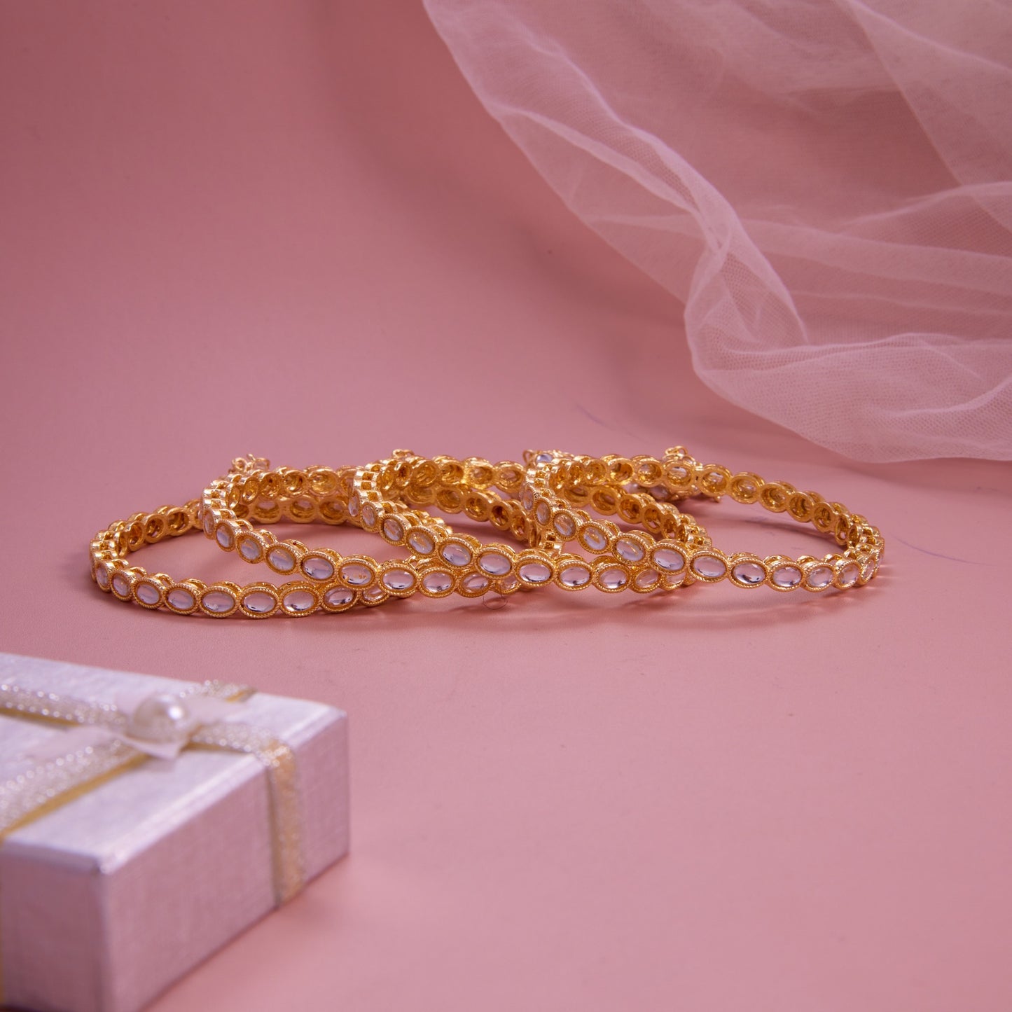 Gold-Plated Oval Shape Kundan Jhumki Bangle Set (Set of 4)