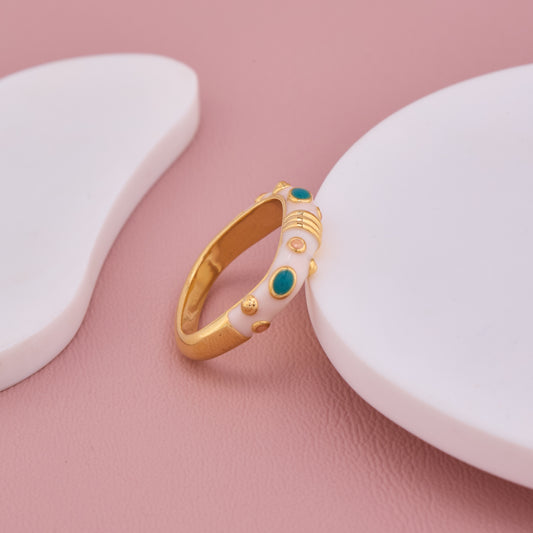 Gold Ring with White Enamel and Green Accents