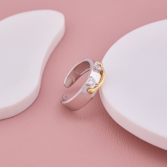 Adjustable Silver Band Ring with Gold Detail and Crystals