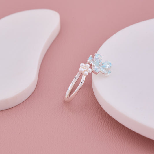"Silver Ring with Blue Crystal Butterfly and Pearl Flowers