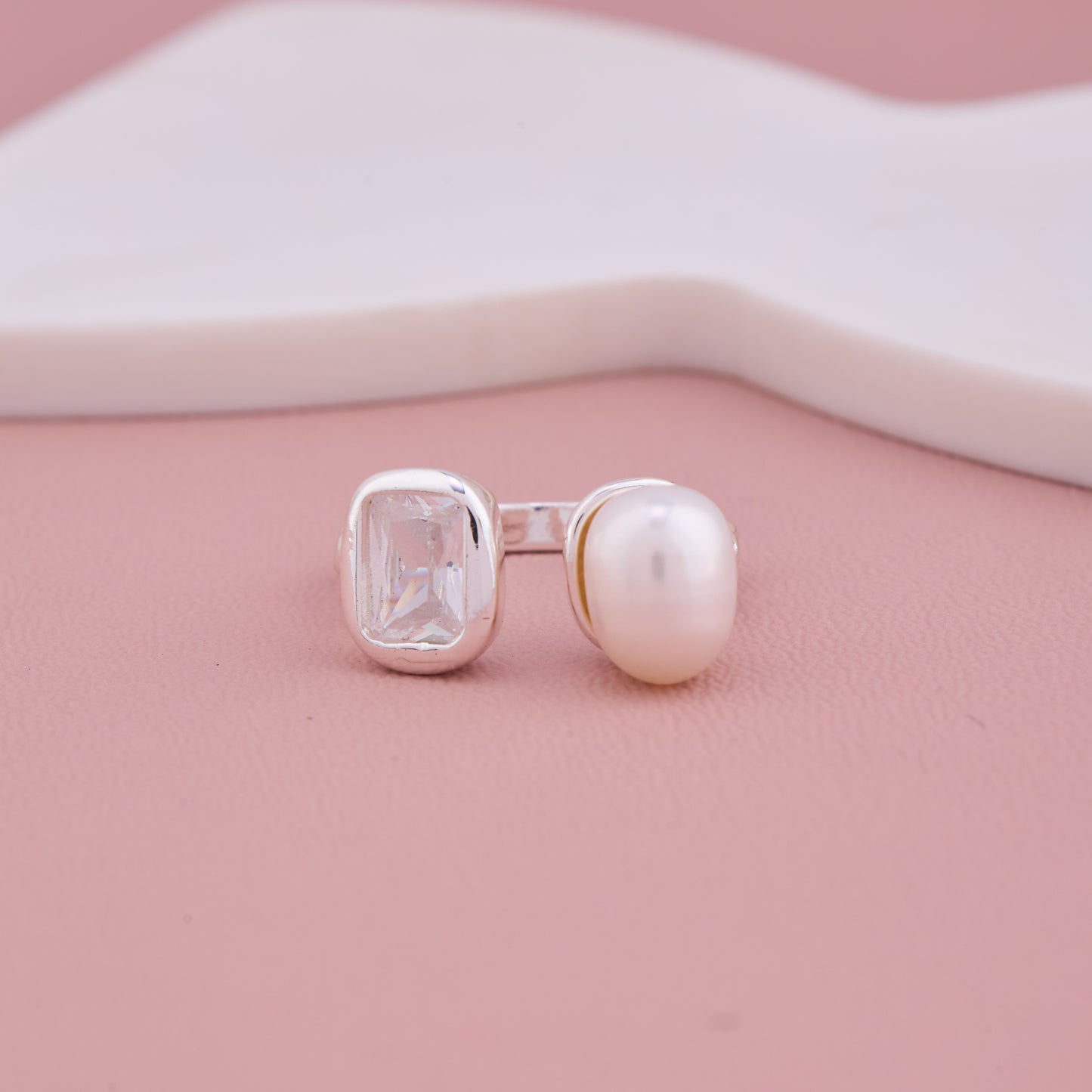 Silver Ring with Pearl and Square Crystal