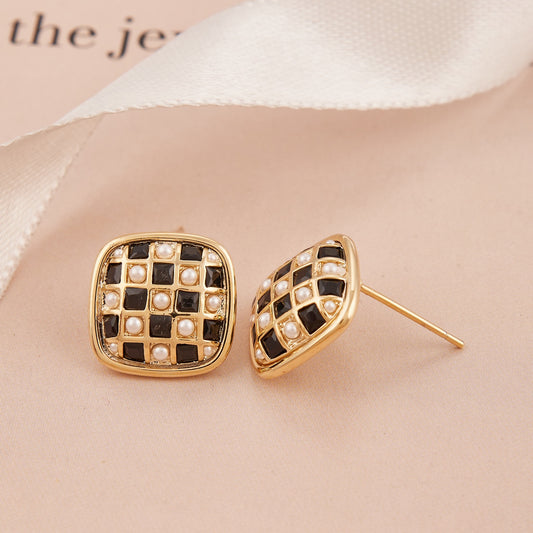 Gold Earrings with Black & White Stones