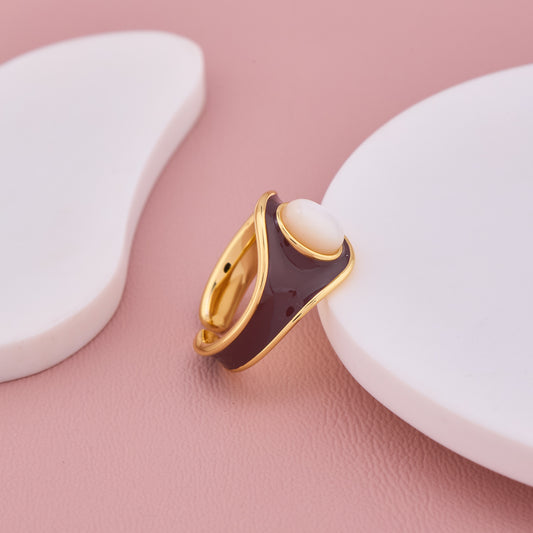 Gold Ring with Brown Enamel and White Oval Center