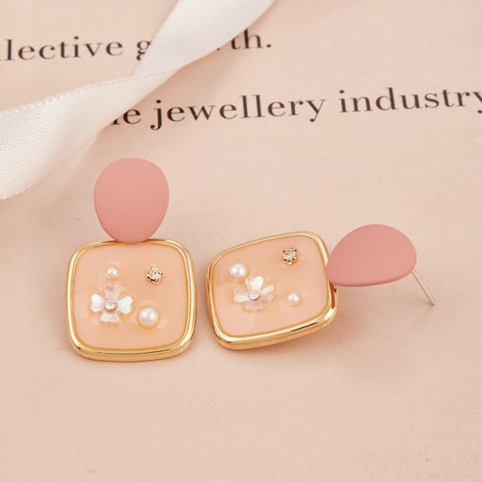 Peach Square Drop Earrings with Floral and Pearl Accents