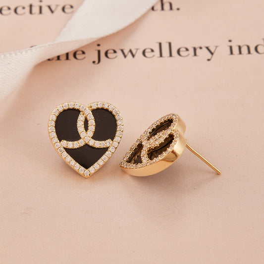 Black Heart Stud Earrings with Interlocked Crystal Accents