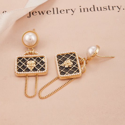 Pearl & Handbag-Inspired Drop Earrings with Chain and Floral Accent