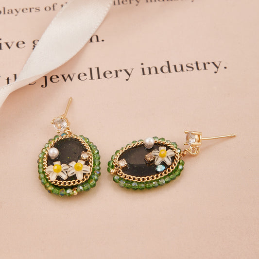 Green Beaded Oval Drop Earrings with Floral Accents and Crystal Stud