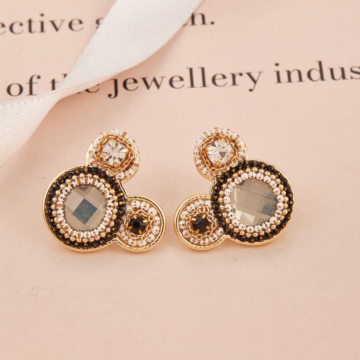 Triple Circle Stud Earrings with Crystal Accents and Beaded Detailing