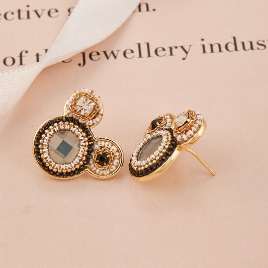 Triple Circle Stud Earrings with Crystal Accents and Beaded Detailing