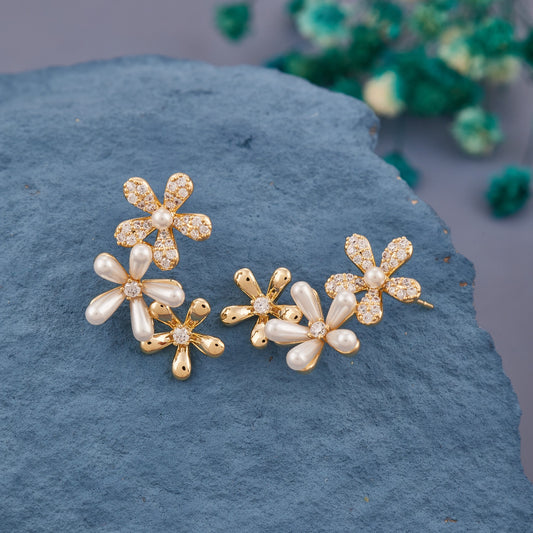 Floral Cluster Earrings with Pearls and Crystal Studded Petals