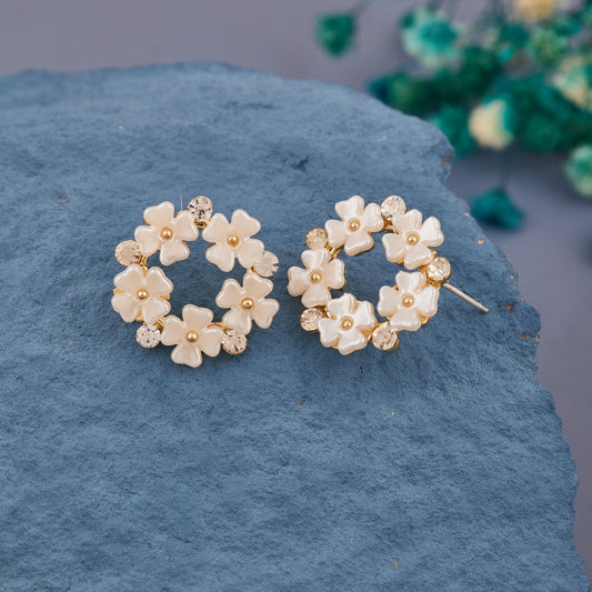 Ivory Floral Stud Earrings with Crystal Accents