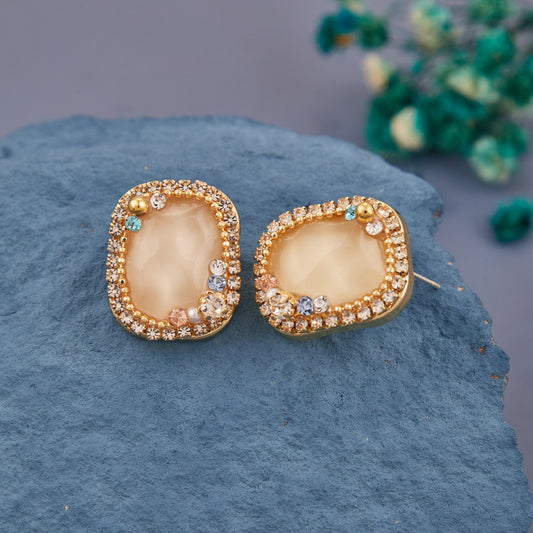Gold-Toned Irregular Stud Earrings with Beige Stone & Crystal Accents