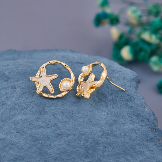Golden Starfish Hoop Earrings with Pearl Accent