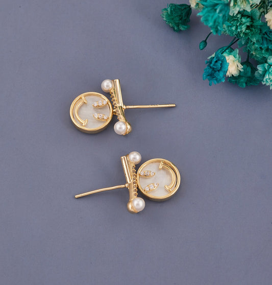Golden Pearl & Crystal Stud Earrings with Modern Circular Design