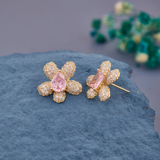 Gold-Plated Floral Stud Earrings with Pink Gemstone Center