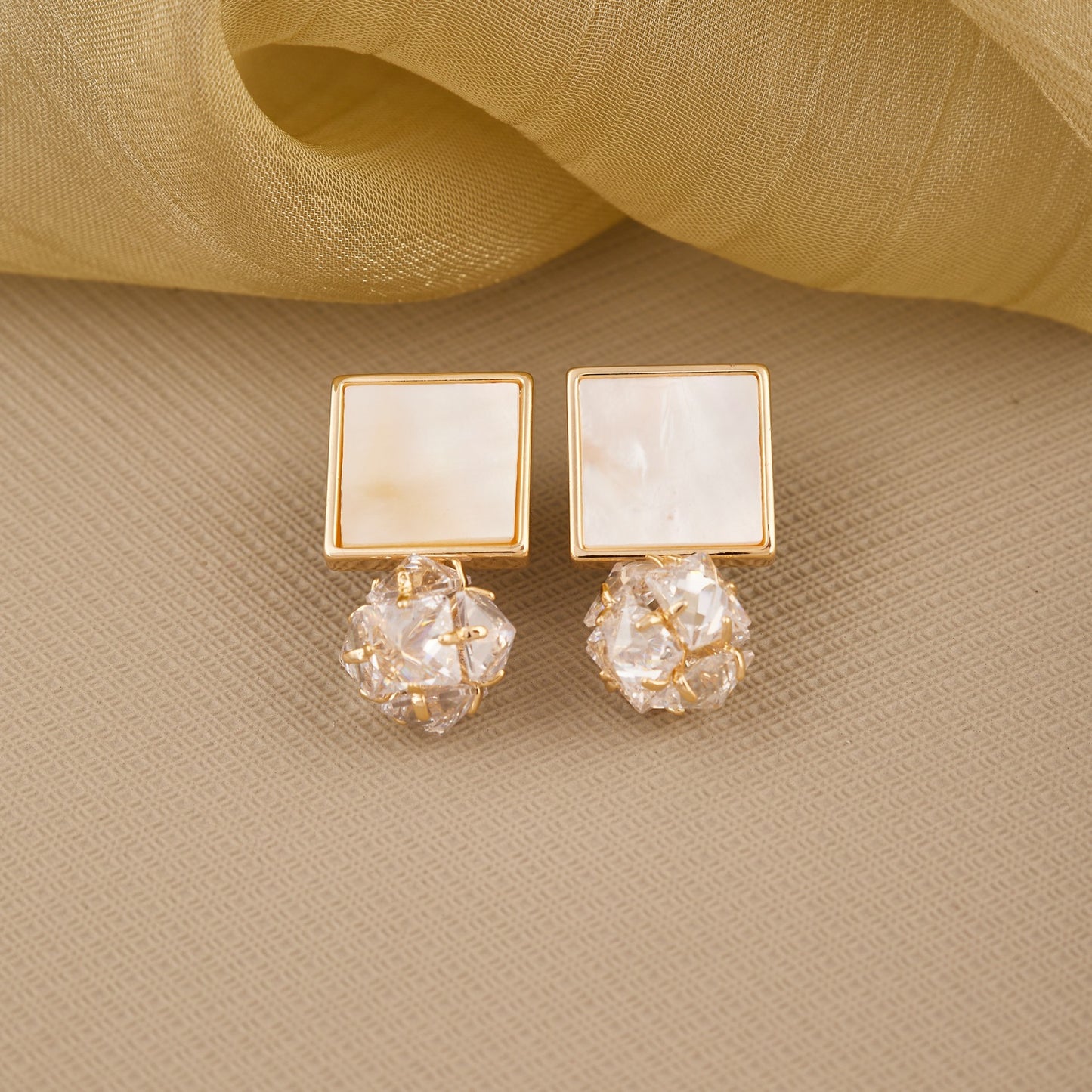 Beige & Ivory Crystal Earrings with Bling Effect