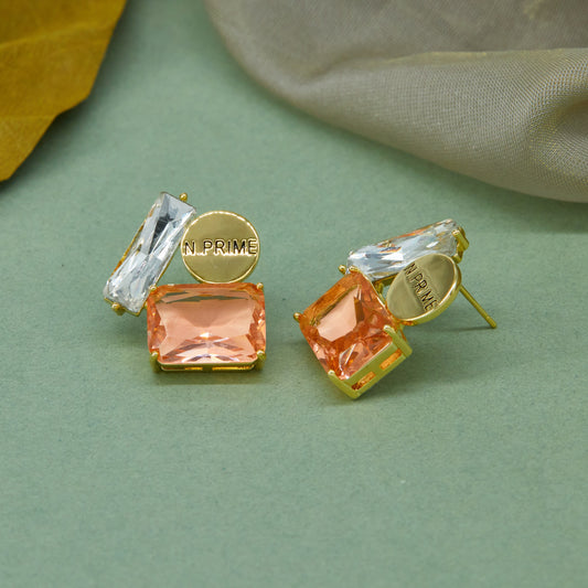 N.PRIME Square Duo Earrings Bold Design, Gemstone Glam