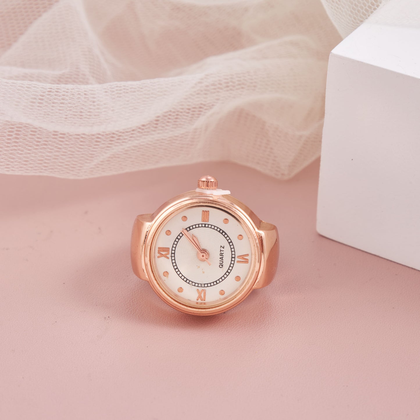 Elegant Rose Gold Roman Dial Ring Watch for Women