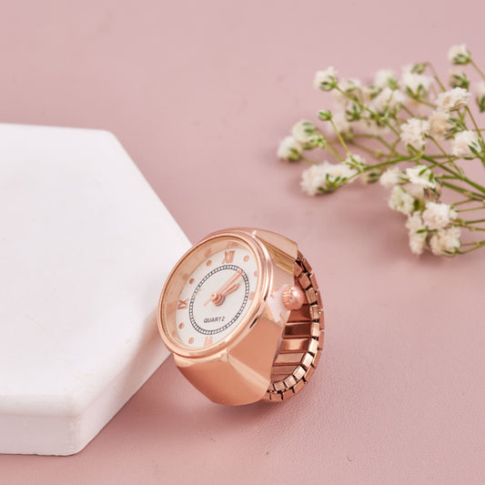 Elegant Rose Gold Roman Dial Ring Watch for Women