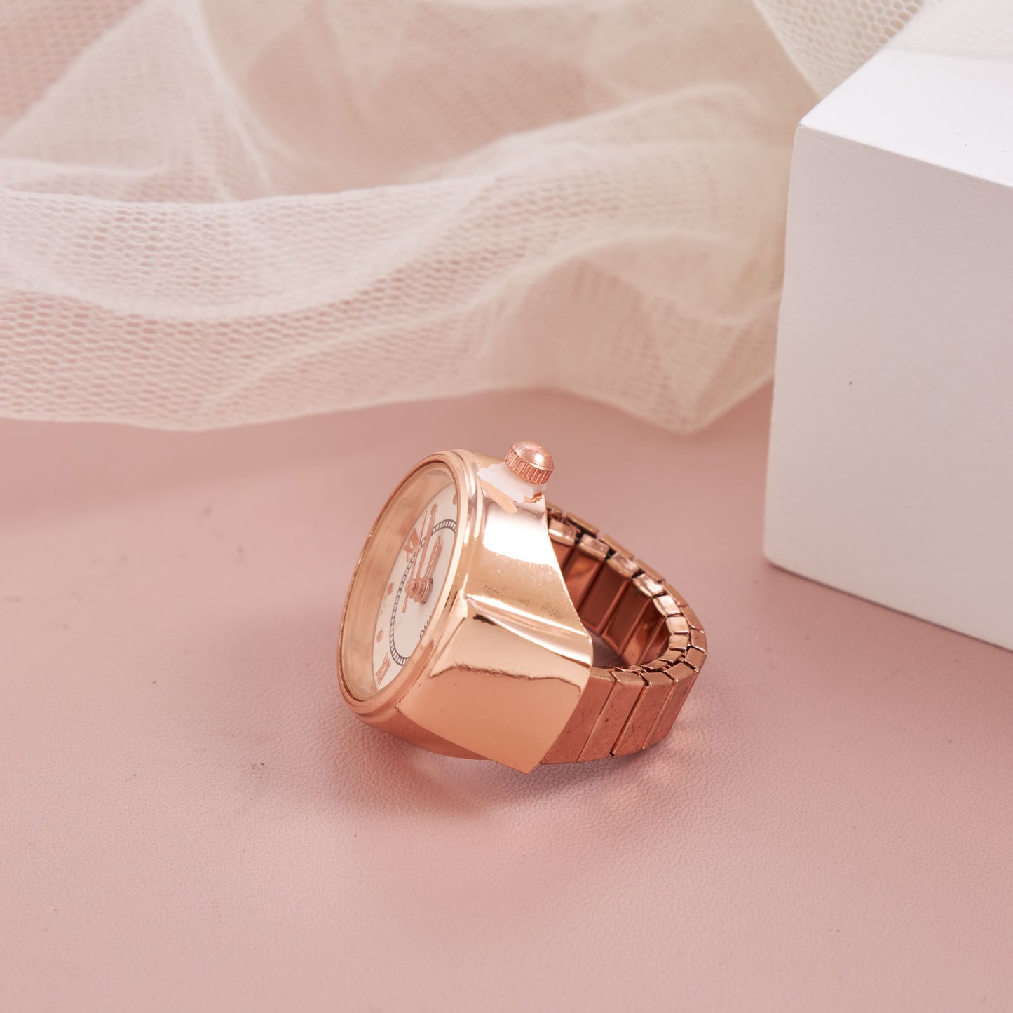 Elegant Rose Gold Roman Dial Ring Watch for Women