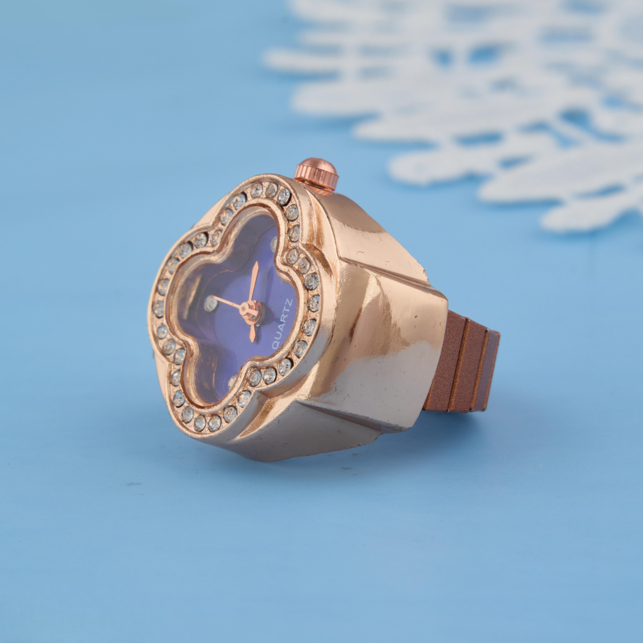 Luxury Blue Dial Ring Watch in Rose Gold Finish