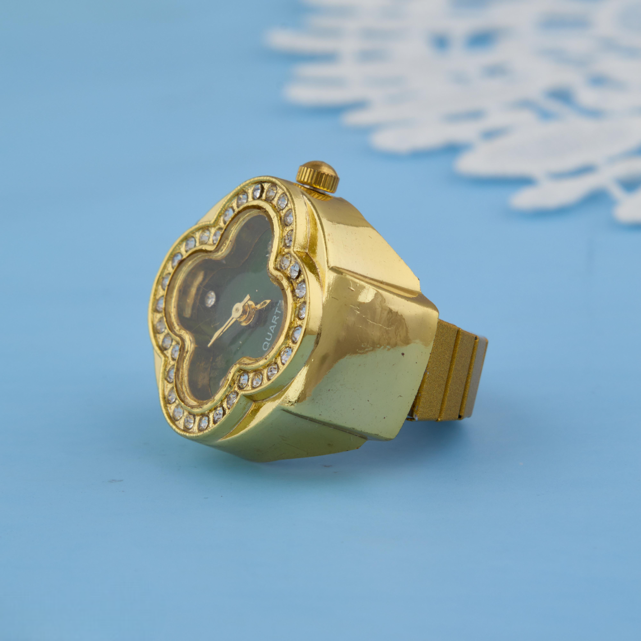 Gold Clover Dial Ring Watch with Green Face & Crystal Accents for Women & Girls