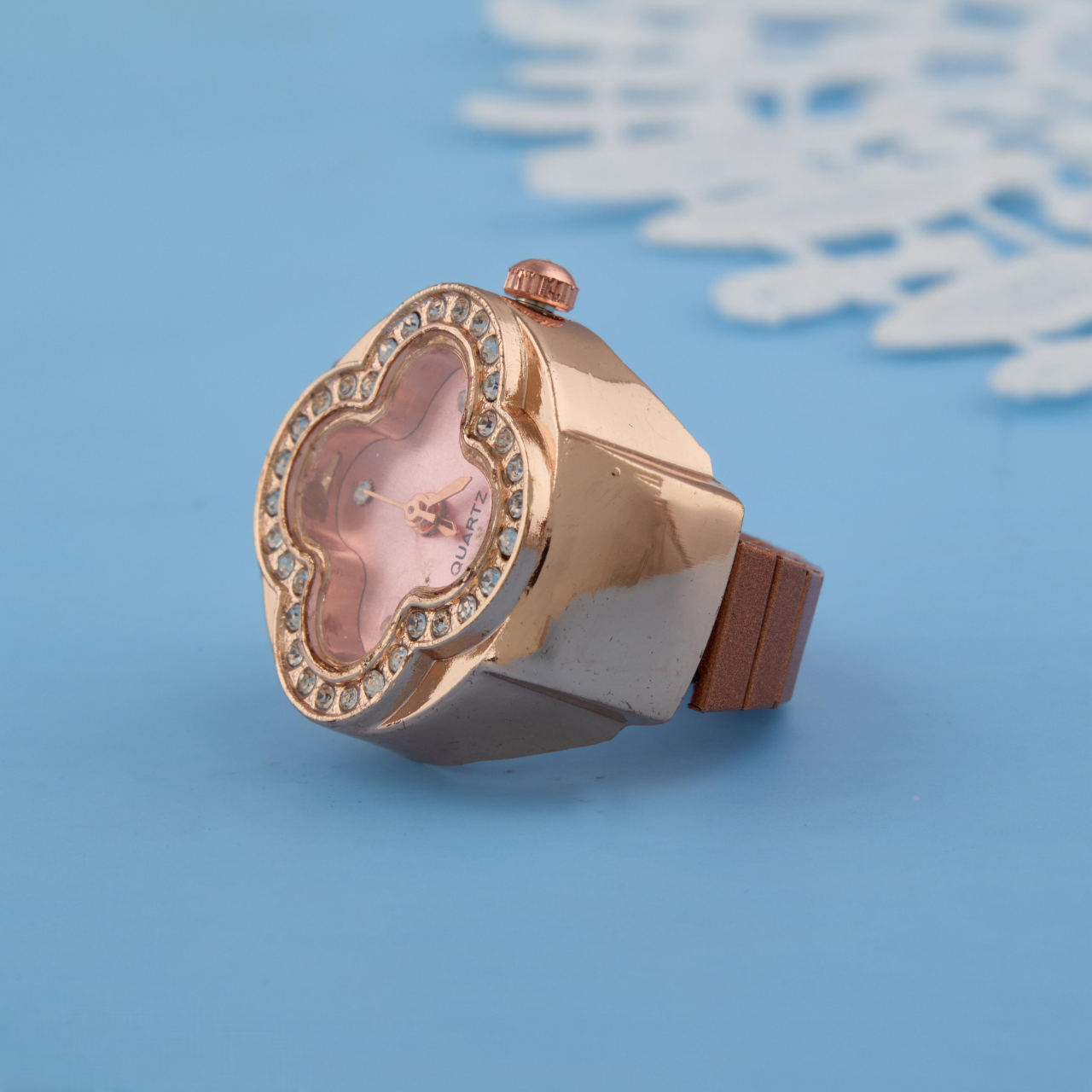 Chic Pink Dial Ring Watch in Rose Gold with Crystals