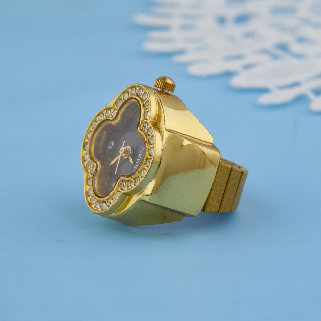 Gold-Tone Clover Dial Ring Watch with Crystals for Women & Girls