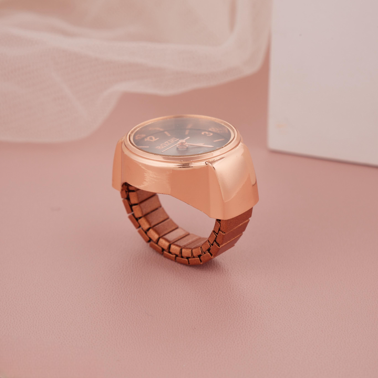 Rose Gold Ring Watch with Black Gradient Dial & Arabic Numerals