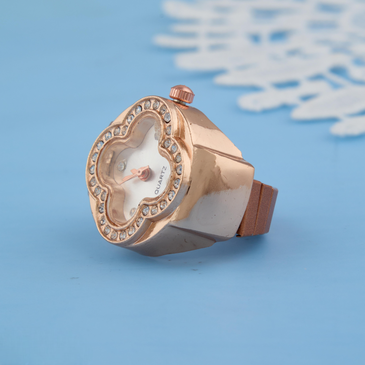 Elegant White Dial Rose Gold Ring Watch with Crystal Accents
