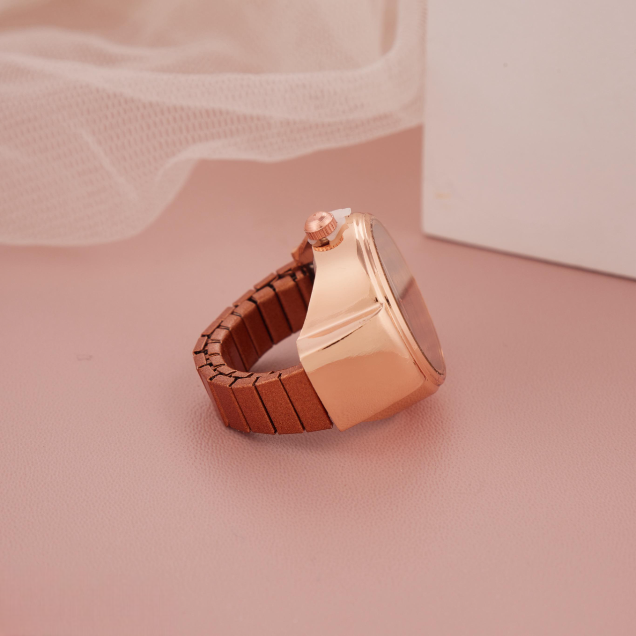 Rose Gold-Toned Ring Watch with Black Dial & Roman Numerals for Women